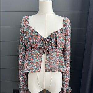Papaya Multicolor Floral Tie Front Flowy Blouse Boho